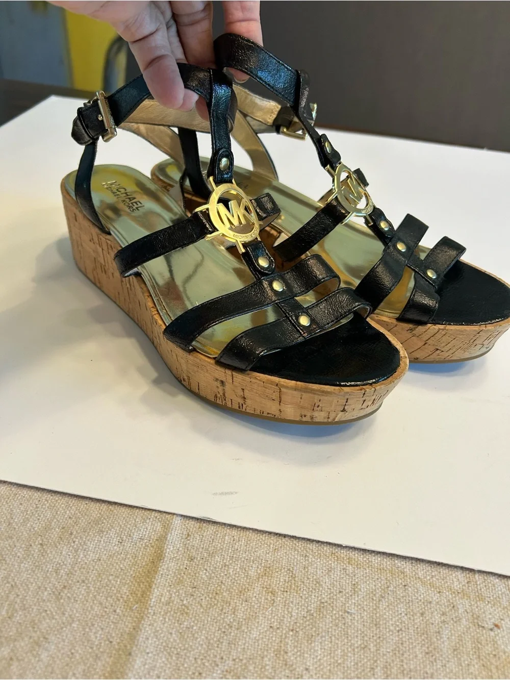 MICHAEL KORS Black Leather Wedge Sandals with Gold MK Logo